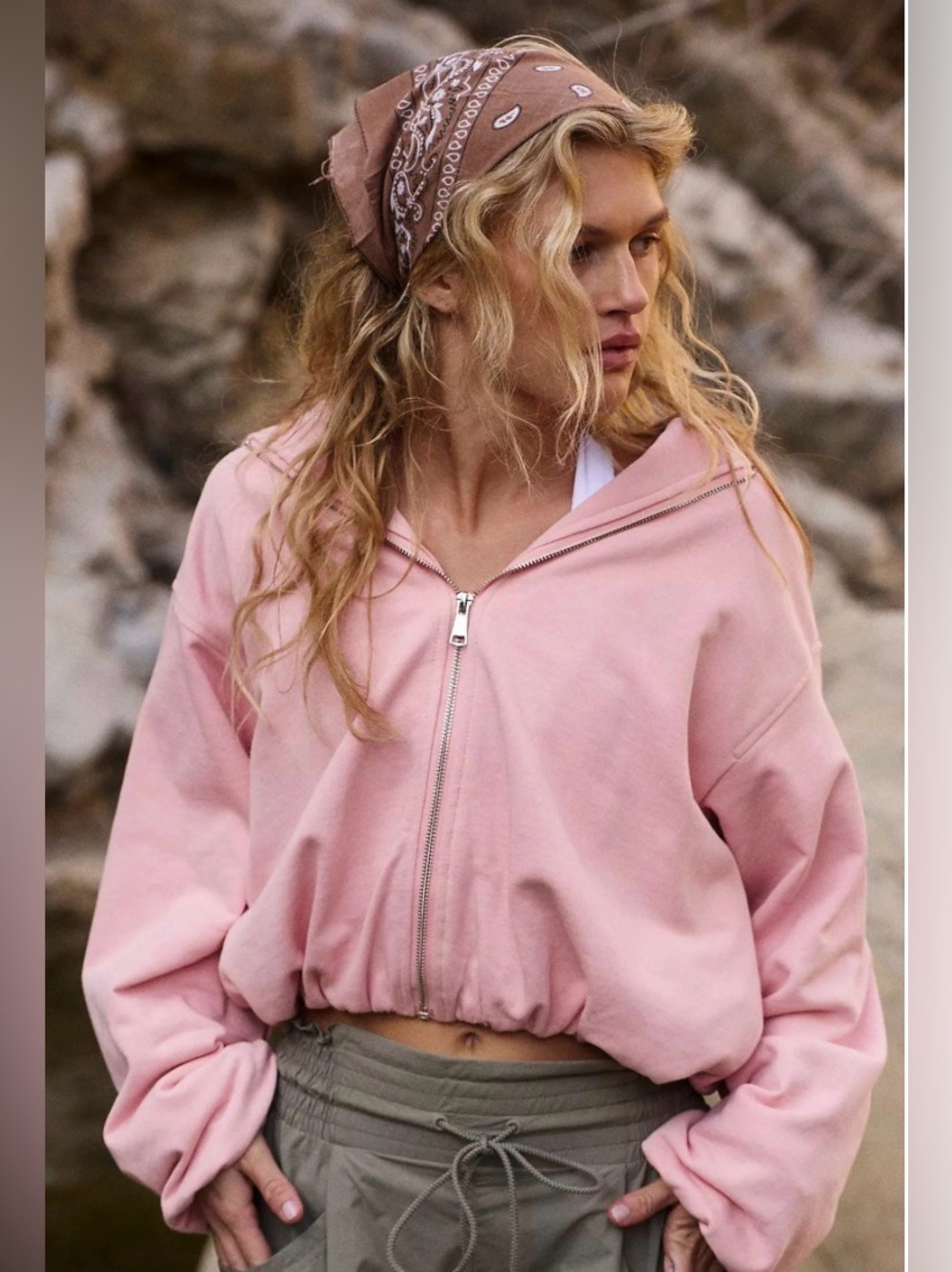 FP Movement Bubble Zip Hoodie Blush Pink Cropped Balloon Sleeve XS NWOT